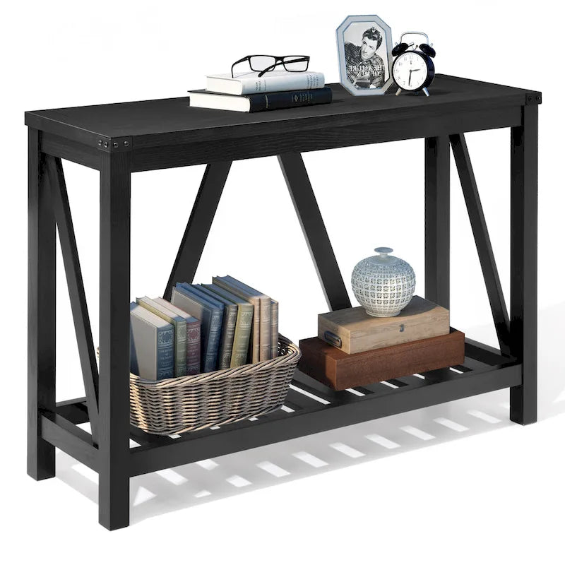Mesa consola de estilo A con estante de listones, gris/negro/marrón, 2 niveles, montaje para 1 persona