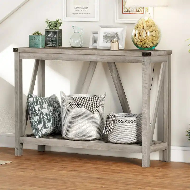 Mesa consola de estilo A con estante de listones, gris/negro/marrón, 2 niveles, montaje para 1 persona
