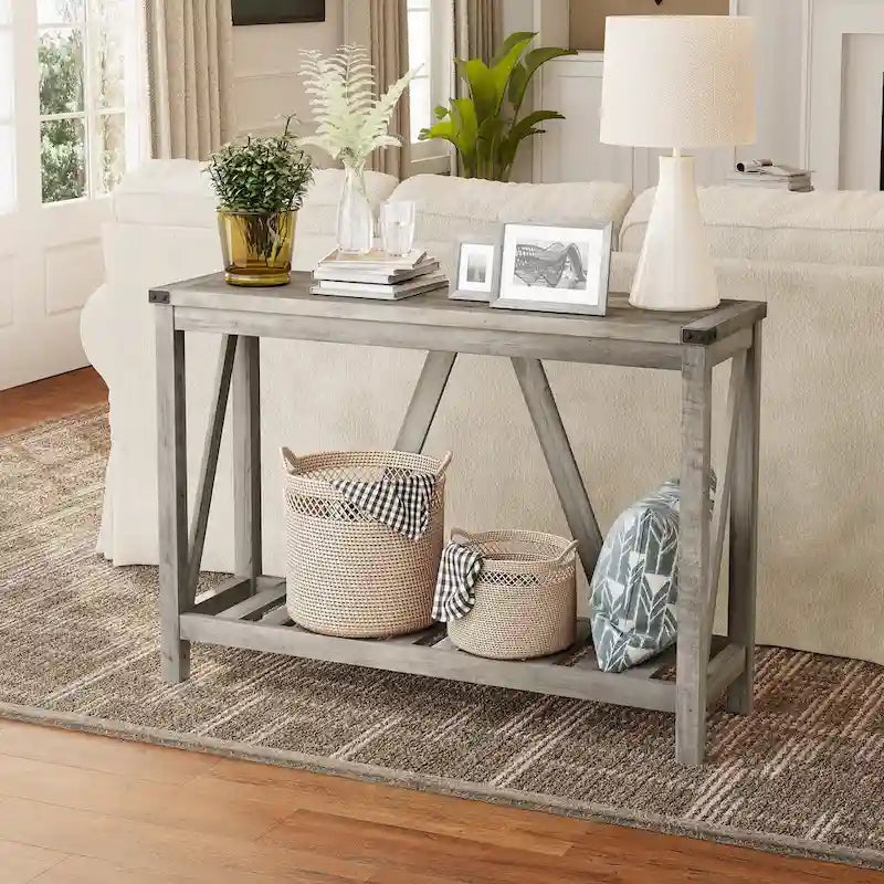 Mesa consola de estilo A con estante de listones, gris/negro/marrón, 2 niveles, montaje para 1 persona