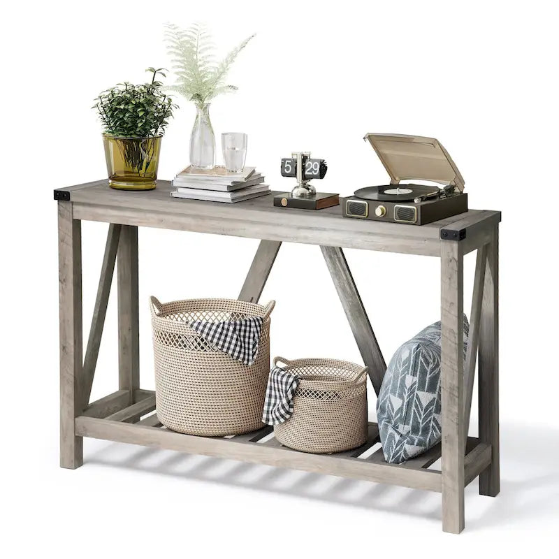 Mesa consola de estilo A con estante de listones, gris/negro/marrón, 2 niveles, montaje para 1 persona