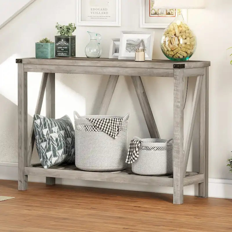 Mesa consola de estilo A con estante de listones, gris/negro/marrón, 2 niveles, montaje para 1 persona