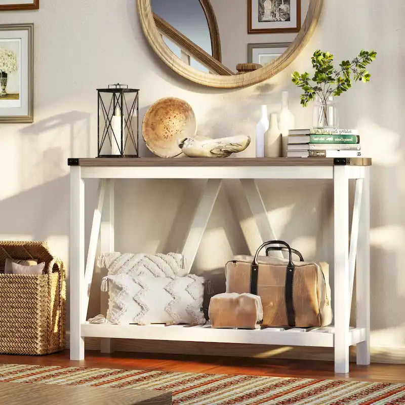 Mesa consola de estilo A con estante de listones, gris/negro/marrón, 2 niveles, montaje para 1 persona