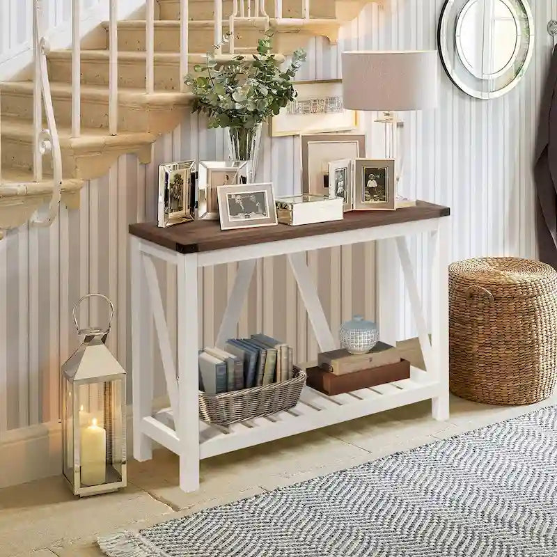 Mesa consola de estilo A con estante de listones, gris/negro/marrón, 2 niveles, montaje para 1 persona