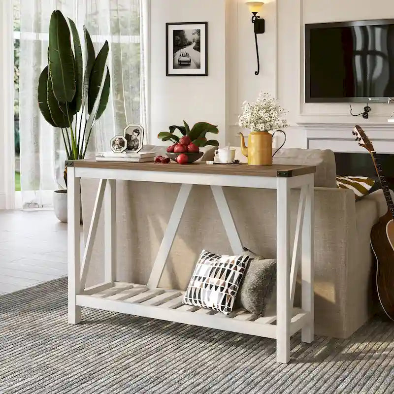 Mesa consola de estilo A con estante de listones, gris/negro/marrón, 2 niveles, montaje para 1 persona