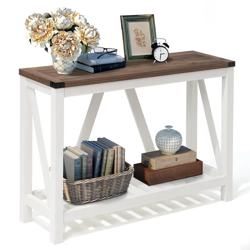 Mesa consola de estilo A con estante de listones, gris/negro/marrón, 2 niveles, montaje para 1 persona