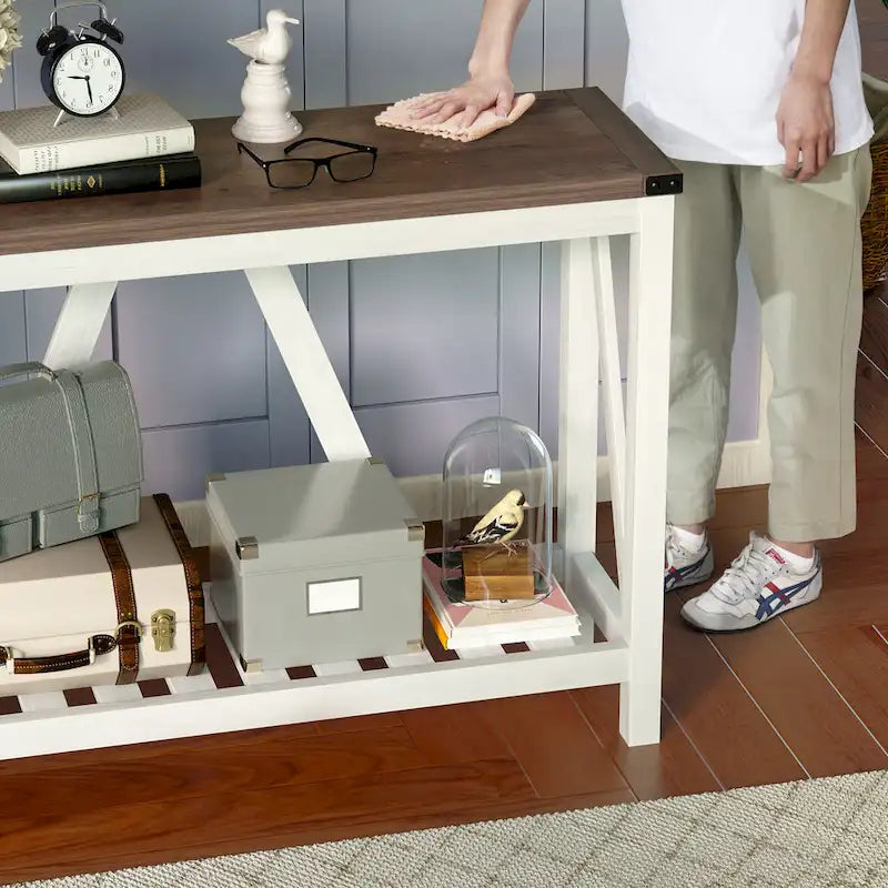 Mesa consola de estilo A con estante de listones, gris/negro/marrón, 2 niveles, montaje para 1 persona