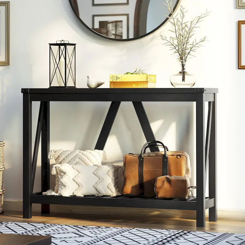 Mesa consola de estilo A con estante de listones, gris/negro/marrón, 2 niveles, montaje para 1 persona