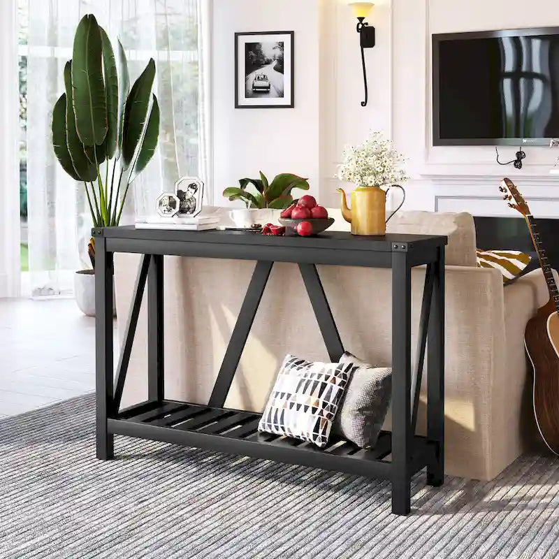 Mesa consola de estilo A con estante de listones, gris/negro/marrón, 2 niveles, montaje para 1 persona