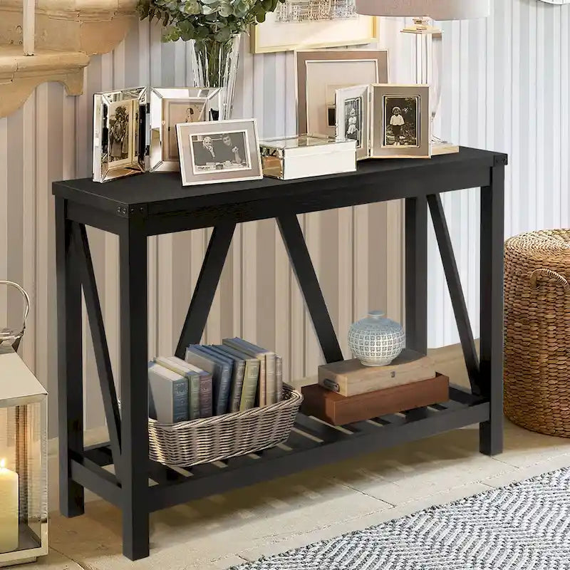Mesa consola de estilo A con estante de listones, gris/negro/marrón, 2 niveles, montaje para 1 persona