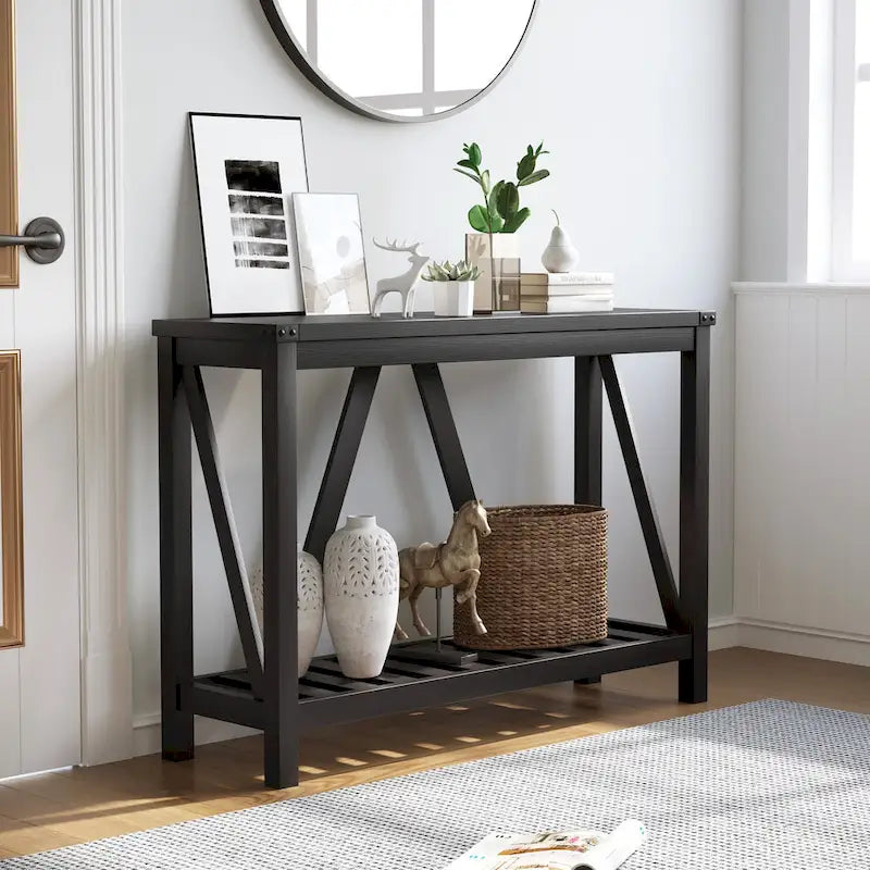 Mesa consola de estilo A con estante de listones, gris/negro/marrón, 2 niveles, montaje para 1 persona