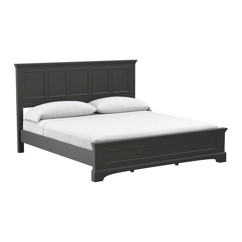 Juego de dormitorio rústico negro King de 5 piezas (cama, 2 mesitas de noche, cómoda y espejo)