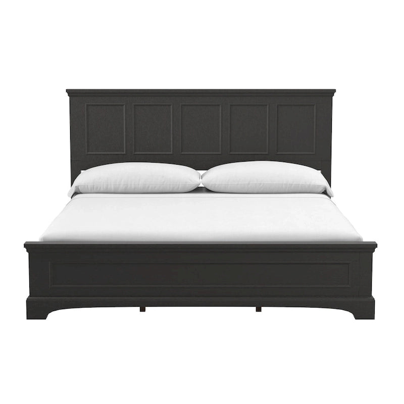 Juego de dormitorio rústico negro King de 5 piezas (cama, 2 mesitas de noche, cómoda y espejo)
