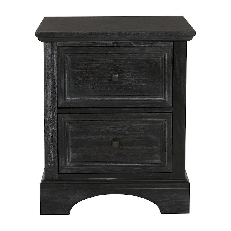 Juego de dormitorio rústico negro King de 5 piezas (cama, 2 mesitas de noche, cómoda y espejo)