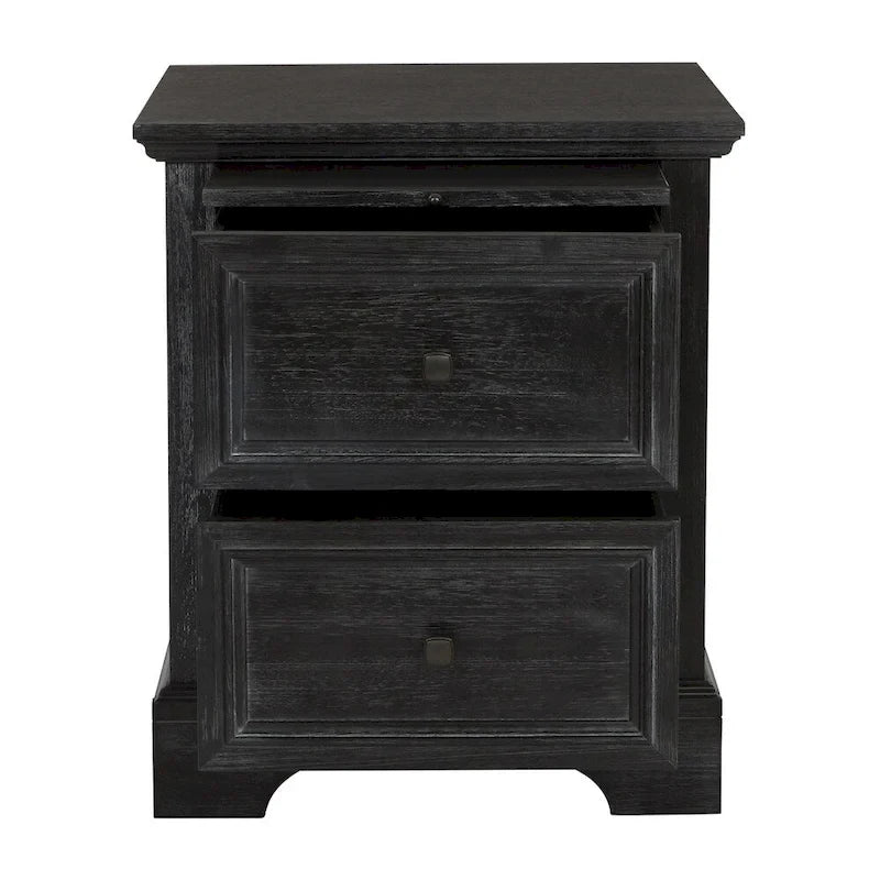 Juego de dormitorio rústico negro King de 5 piezas (cama, 2 mesitas de noche, cómoda y espejo)