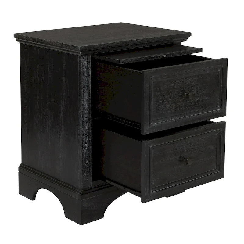 Juego de dormitorio rústico negro King de 5 piezas (cama, 2 mesitas de noche, cómoda y espejo)