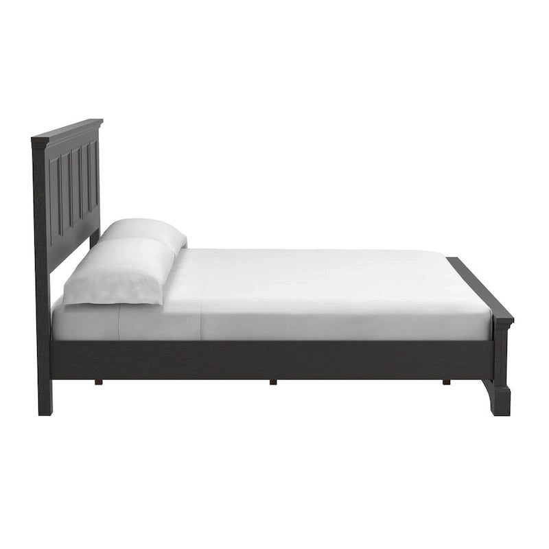 Juego de dormitorio rústico negro King de 5 piezas (cama, 2 mesitas de noche, cómoda y espejo)