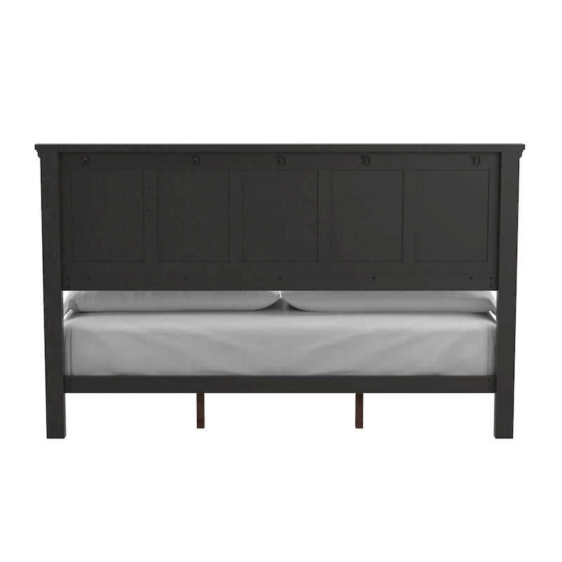 Juego de dormitorio rústico negro King de 5 piezas (cama, 2 mesitas de noche, cómoda y espejo)