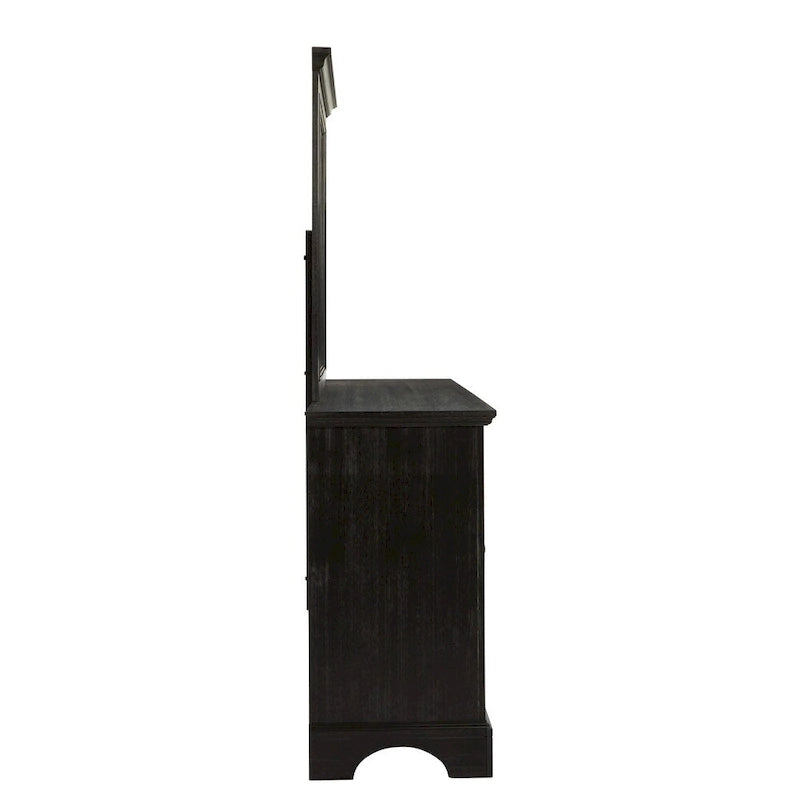 Juego de dormitorio rústico negro King de 5 piezas (cama, 2 mesitas de noche, cómoda y espejo)