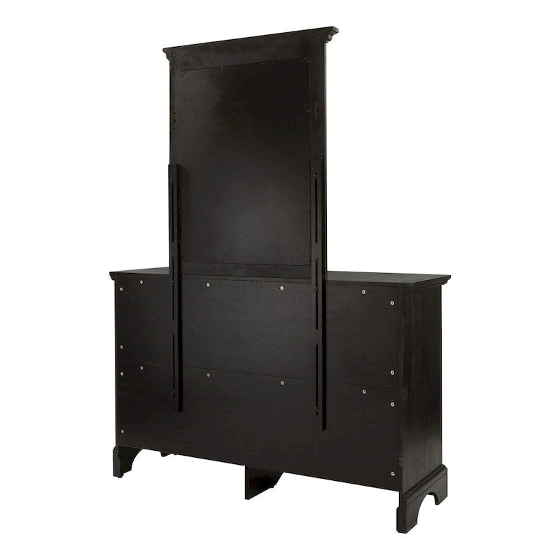 Juego de dormitorio rústico negro King de 5 piezas (cama, 2 mesitas de noche, cómoda y espejo)