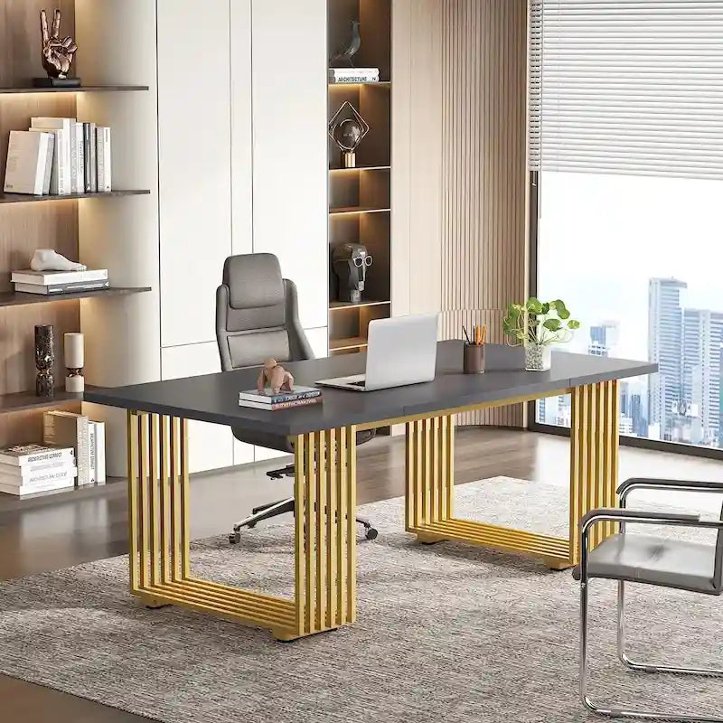 Escritorio de oficina individual, estilo moderno, negro/blanco/marrón, 180 cm