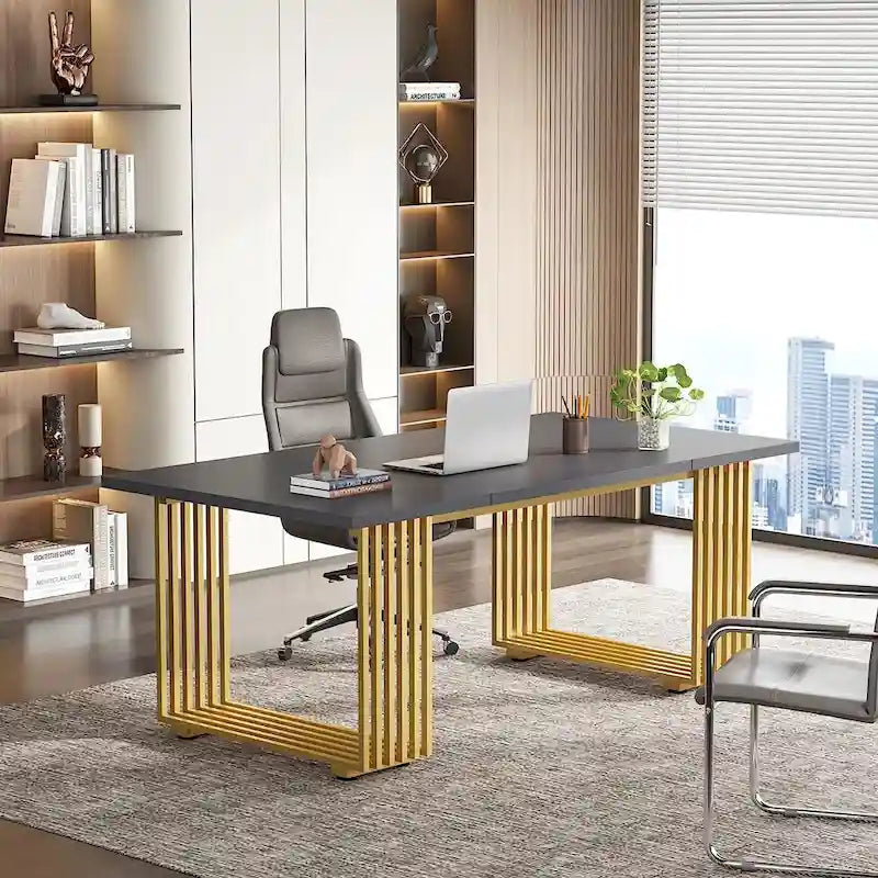 Escritorio de oficina individual, estilo moderno, negro/blanco/marrón, 180 cm