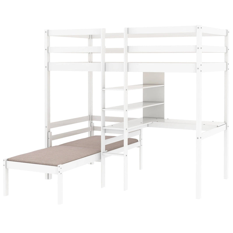 Litera doble individual blanca con escritorio en forma de L, estantes y escalera – 2 personas