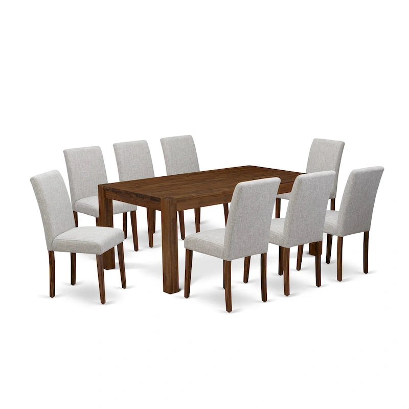 Juego de comedor rectangular de nogal antiguo y lino tono beis – 5, 7 o 9 piezas