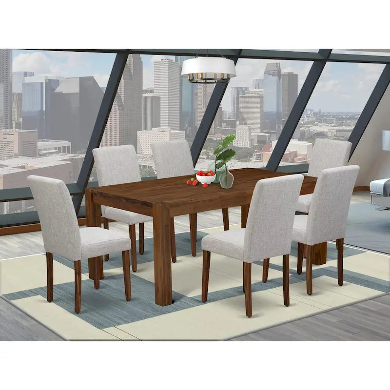 Juego de comedor rectangular de nogal antiguo y lino tono beis – 5, 7 o 9 piezas