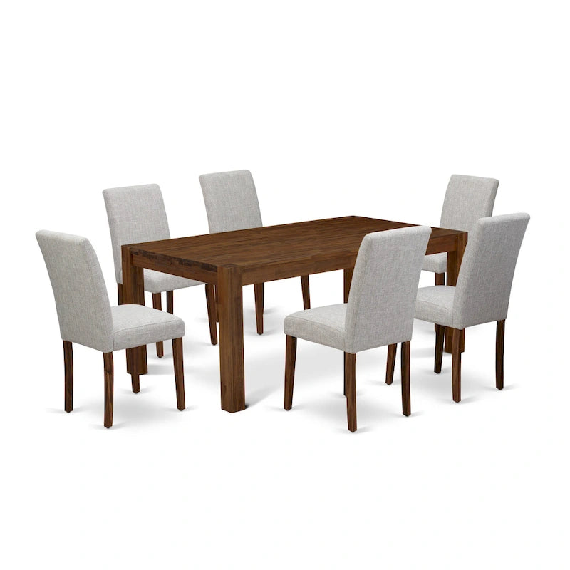 Juego de comedor rectangular de nogal antiguo y lino tono beis – 5, 7 o 9 piezas