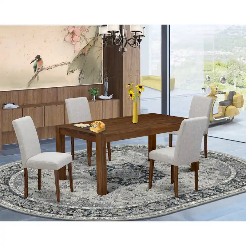 Juego de comedor rectangular de nogal antiguo y lino tono beis – 5, 7 o 9 piezas