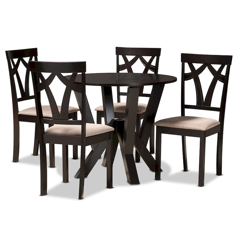 Juego de comedor redondo moderno de 5 piezas en marrón oscuro y arena (para 4 personas)