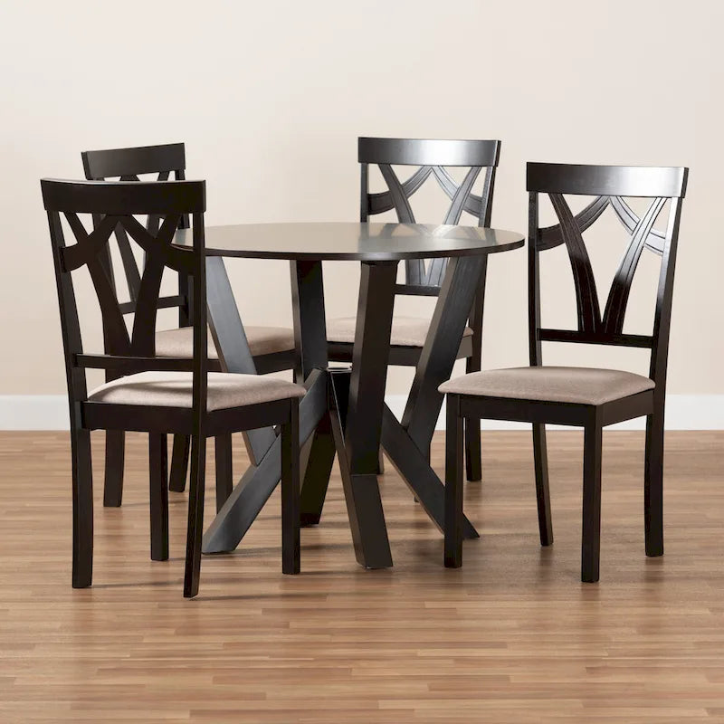 Juego de comedor redondo moderno de 5 piezas en marrón oscuro y arena (para 4 personas)