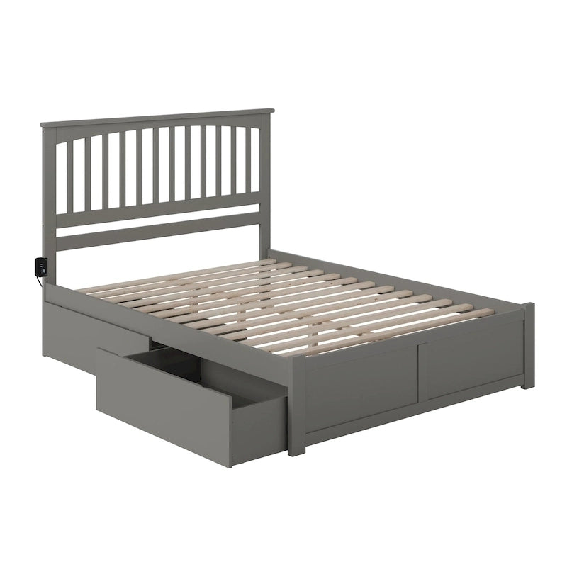 Cama King de plataforma gris con 2 cajones de almacenaje, se adapta a 1-2