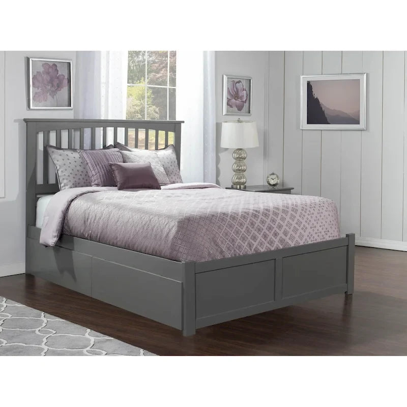 Cama King de plataforma gris con 2 cajones de almacenaje, se adapta a 1-2