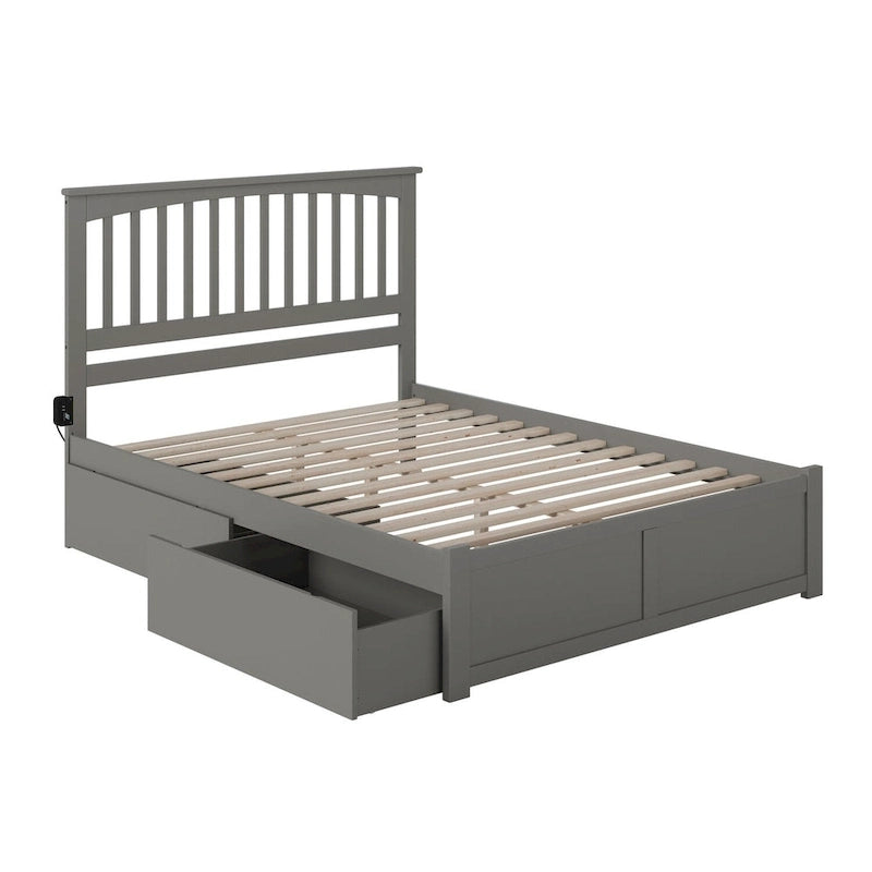 Cama King de plataforma gris con 2 cajones de almacenaje, se adapta a 1-2