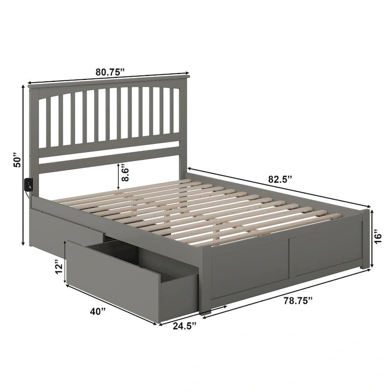 Cama King de plataforma gris con 2 cajones de almacenaje, se adapta a 1-2