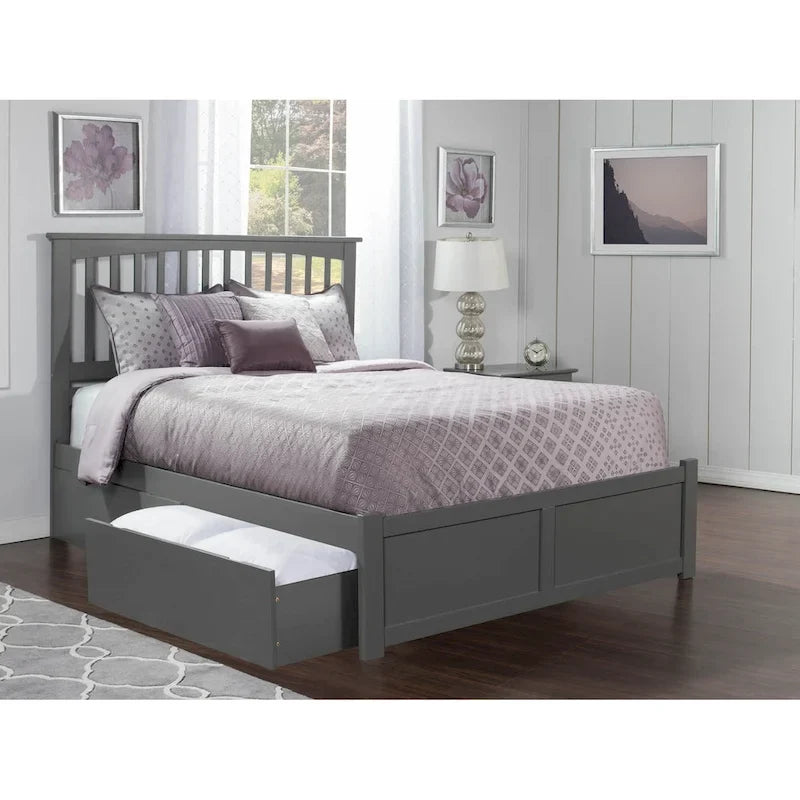 Cama King de plataforma gris con 2 cajones de almacenaje, se adapta a 1-2