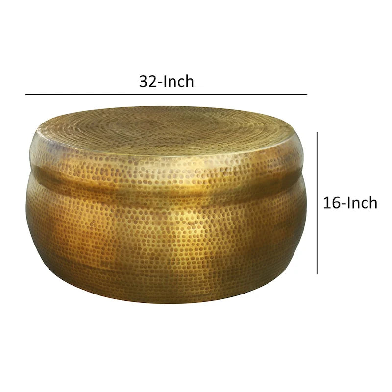 Mesa de Centro Redonda Tipo Tambor, Latón Envejecido, Aluminio, Martillado, 81 cm