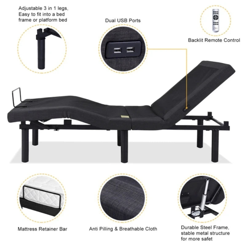 Base de cama ajustable Split King negra para 2