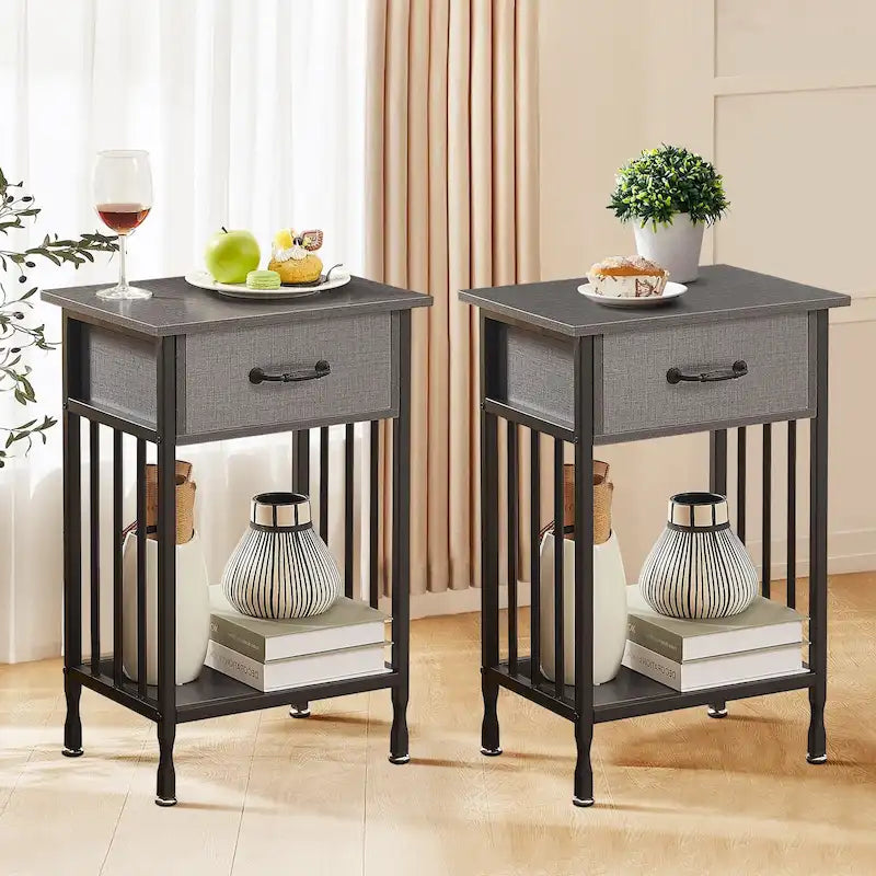 Mesa de noche de mediados de siglo con cajón en marrón antiguo/gris/oro blanco/gris cáñamo, juego de 2