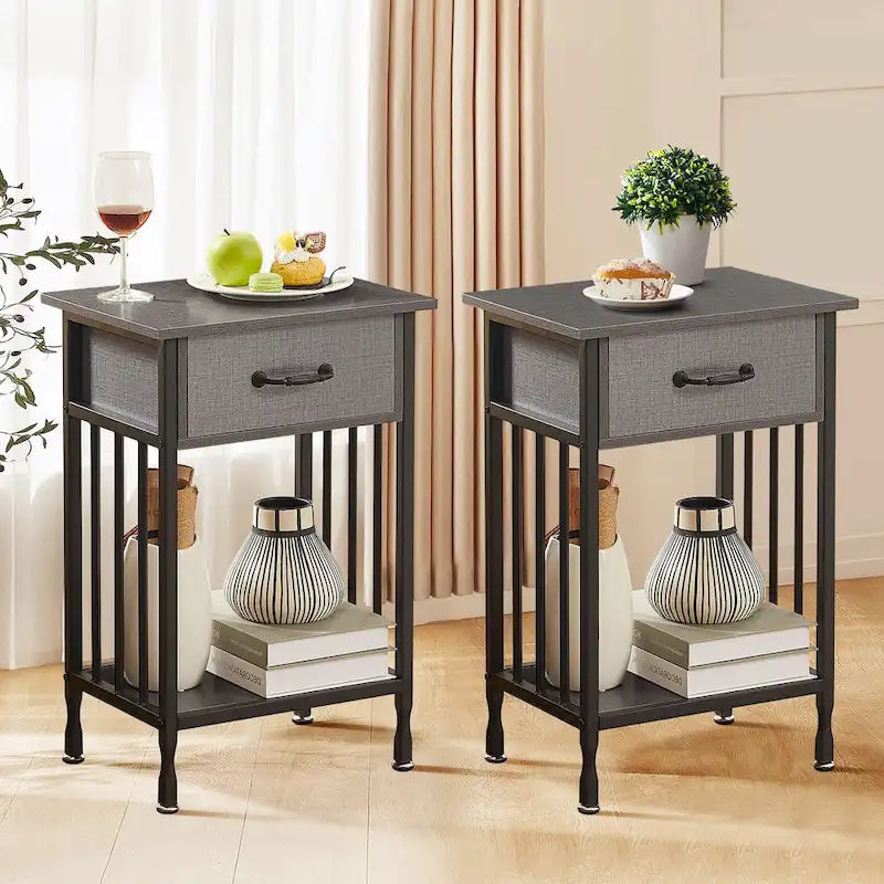 Mesa de noche de mediados de siglo con cajón en marrón antiguo/gris/oro blanco/gris cáñamo, juego de 2