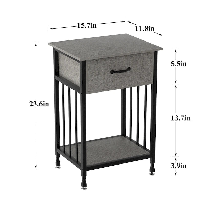 Mesa de noche de mediados de siglo con cajón en marrón antiguo/gris/oro blanco/gris cáñamo, juego de 2