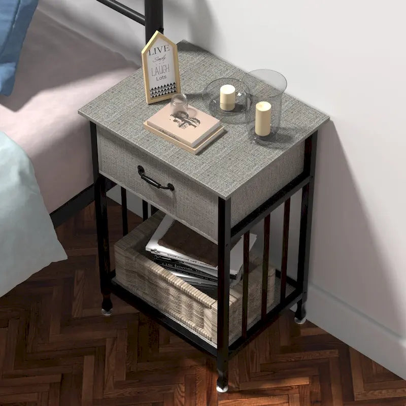 Mesa de noche de mediados de siglo con cajón en marrón antiguo/gris/oro blanco/gris cáñamo, juego de 2