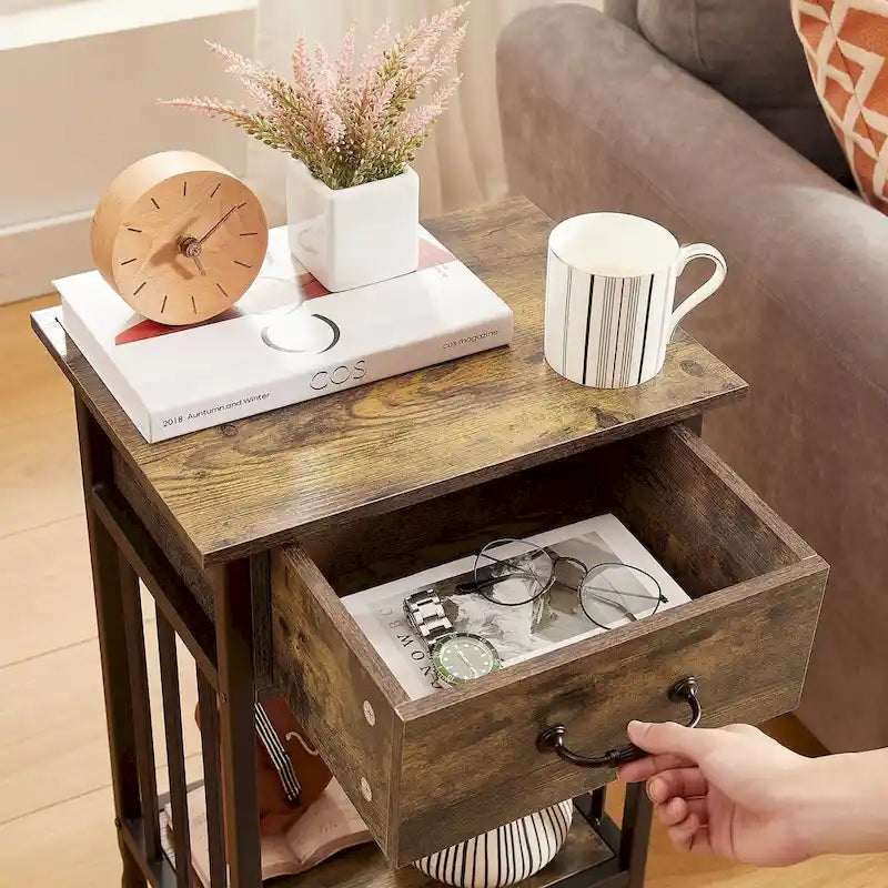 Mesa de noche de mediados de siglo con cajón en marrón antiguo/gris/oro blanco/gris cáñamo, juego de 2