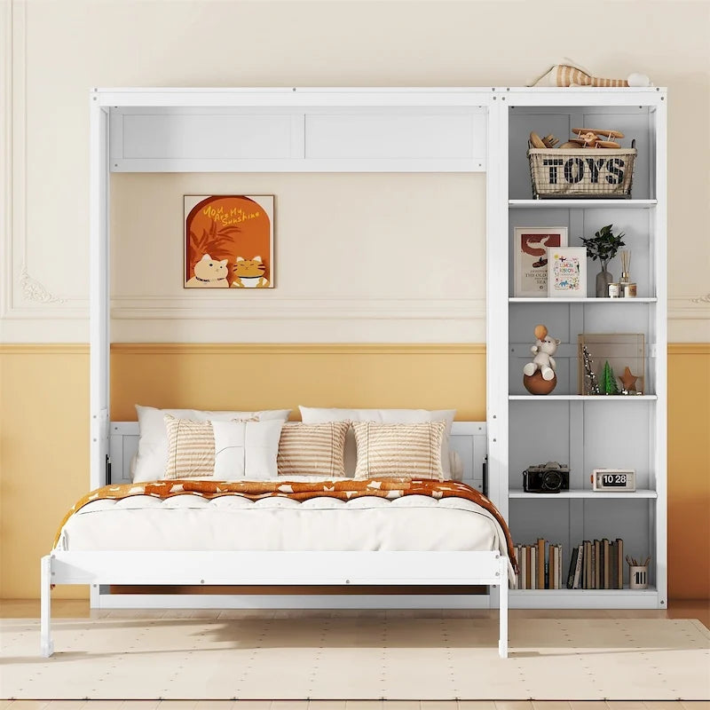 Cama de pared Murphy blanca/gris con estantes, matrimonial/queen, capacidad para 1