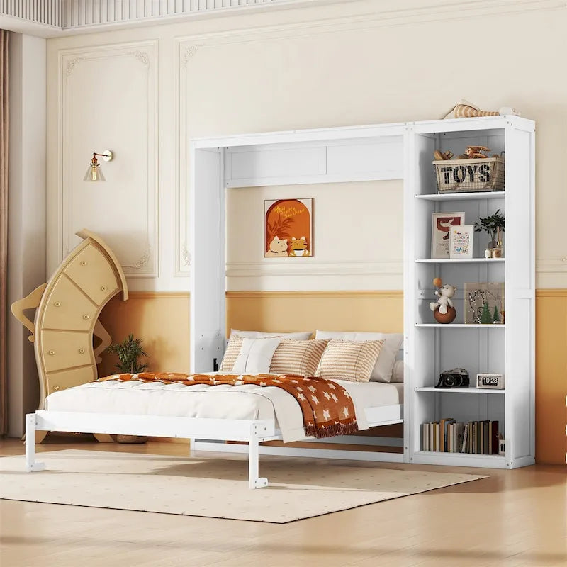 Cama de pared Murphy blanca/gris con estantes, matrimonial/queen, capacidad para 1