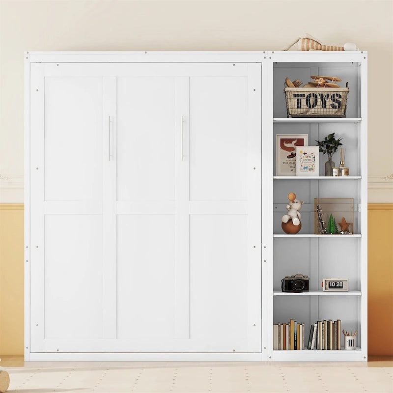 Cama de pared Murphy blanca/gris con estantes, matrimonial/queen, capacidad para 1