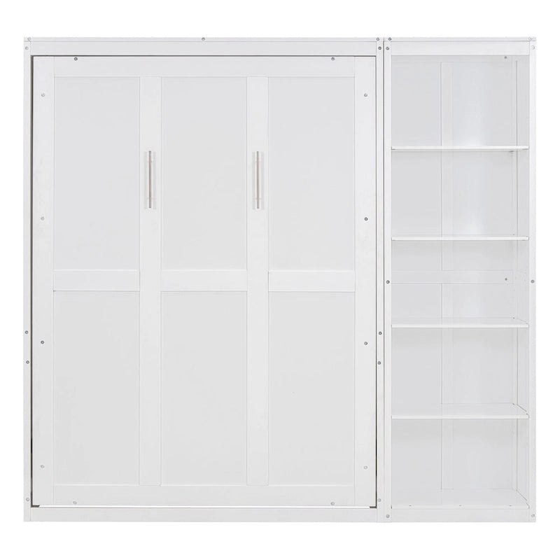 Cama de pared Murphy blanca/gris con estantes, matrimonial/queen, capacidad para 1
