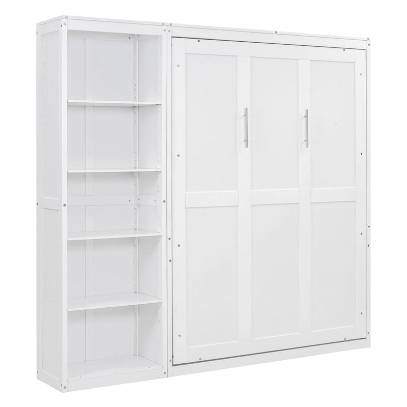 Cama de pared Murphy blanca/gris con estantes, matrimonial/queen, capacidad para 1