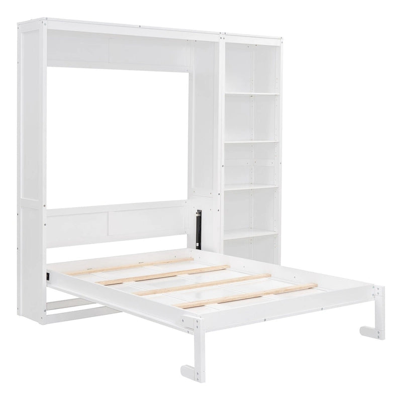 Cama de pared Murphy blanca/gris con estantes, matrimonial/queen, capacidad para 1